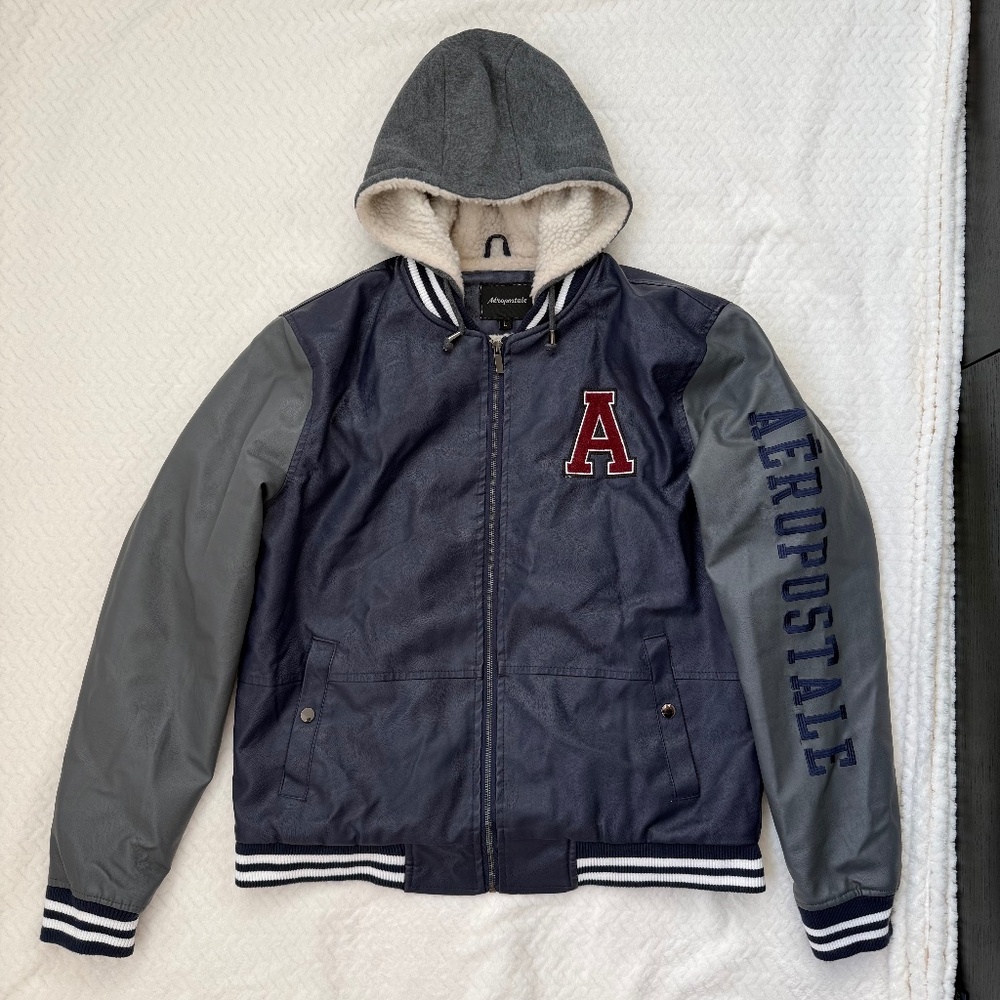 Aeropostale Men’s Faux Leather Bomber Jacket Size L Varsity Hooded, NWOT